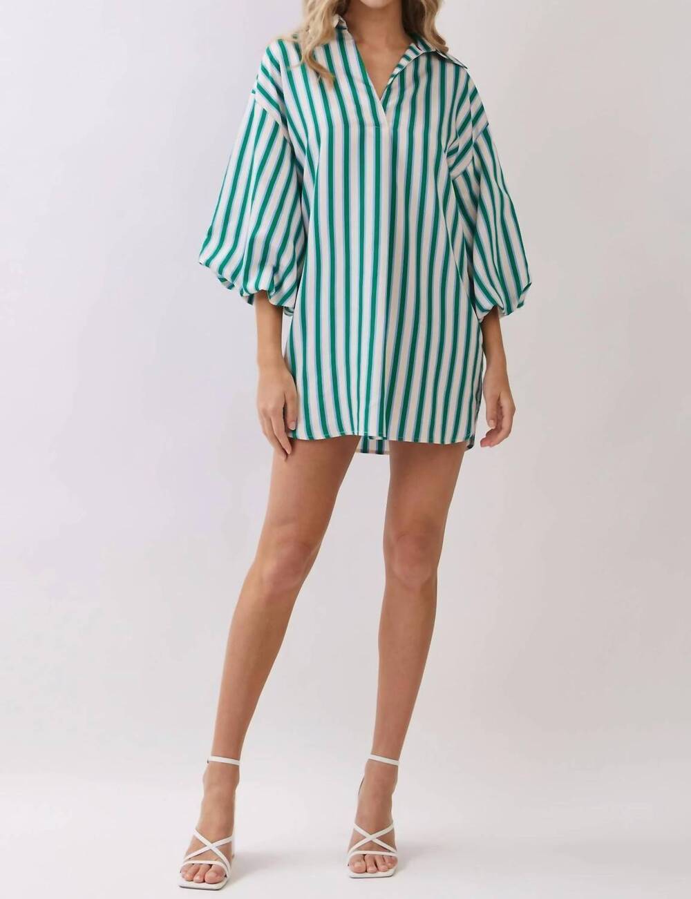 NEW TCEC balloon sleeve mini dress in green stripe